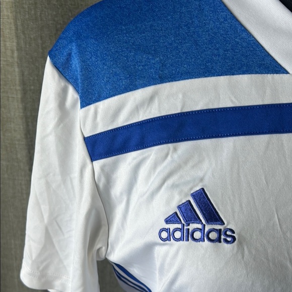 Adidas White and Blue Soccer Jersey V-Neck Performance - Picture 3 of 6